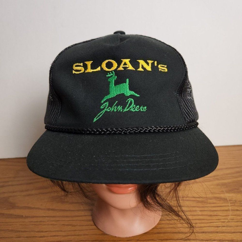 Vintage John Deere Tractor Sloans Yupoong Mesh Snap Back Trucker Hat Usa Black
